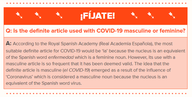 An example from the COVID-19 translation guide answering the question "Is the definite article used with COVID-19 masculine or feminine?"