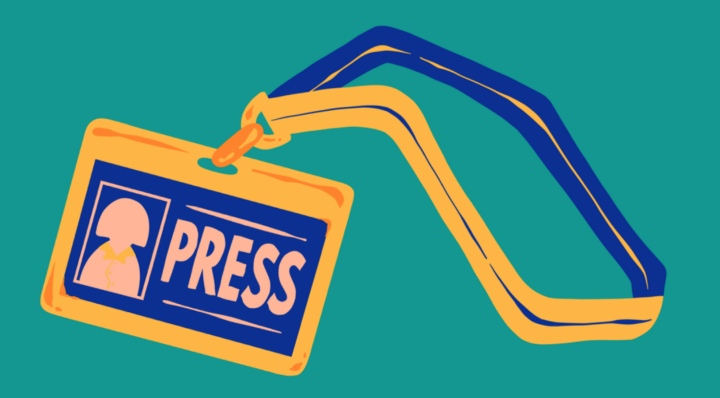 An illustration of a yellow press pass lays against a teal background.