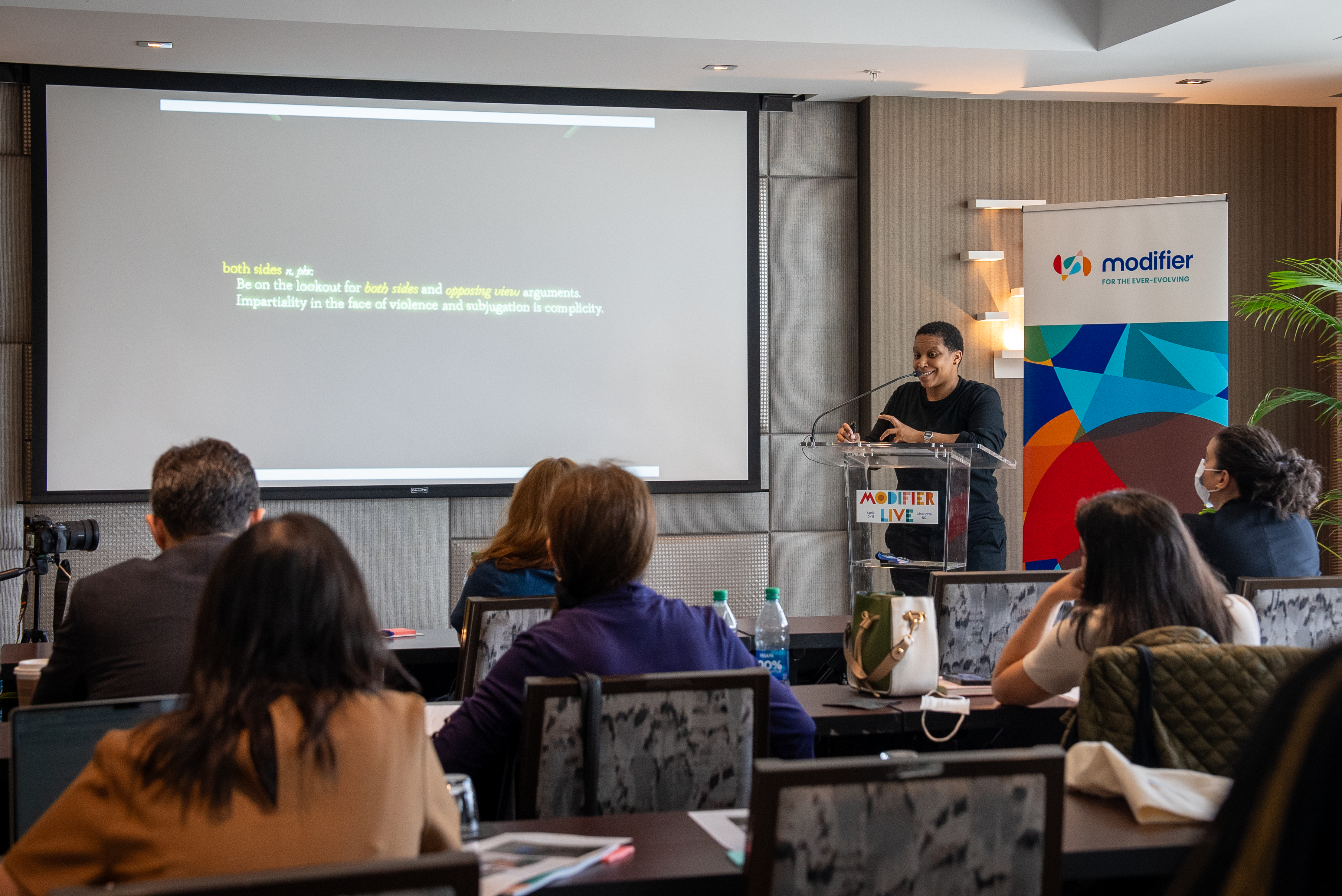 Interdisciplinary artist Alexandra Bell speaking at Modifier Live learning experience
