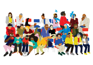 Illustration of people attending a public meeting. Some people are taking notes