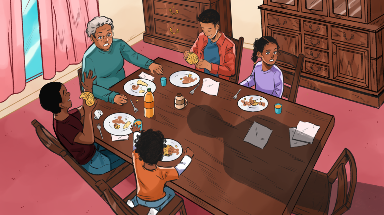 Full-color cartoon illustration of an older woman and four children of different ages