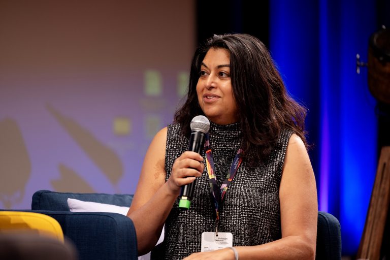 Aparna Mukherjee speaking at the B'Future Festival